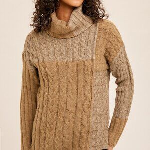 HEM & THREAD Chunky Cable Knit Turtleneck Sweater, Two-Tone Neutral Brown Beige